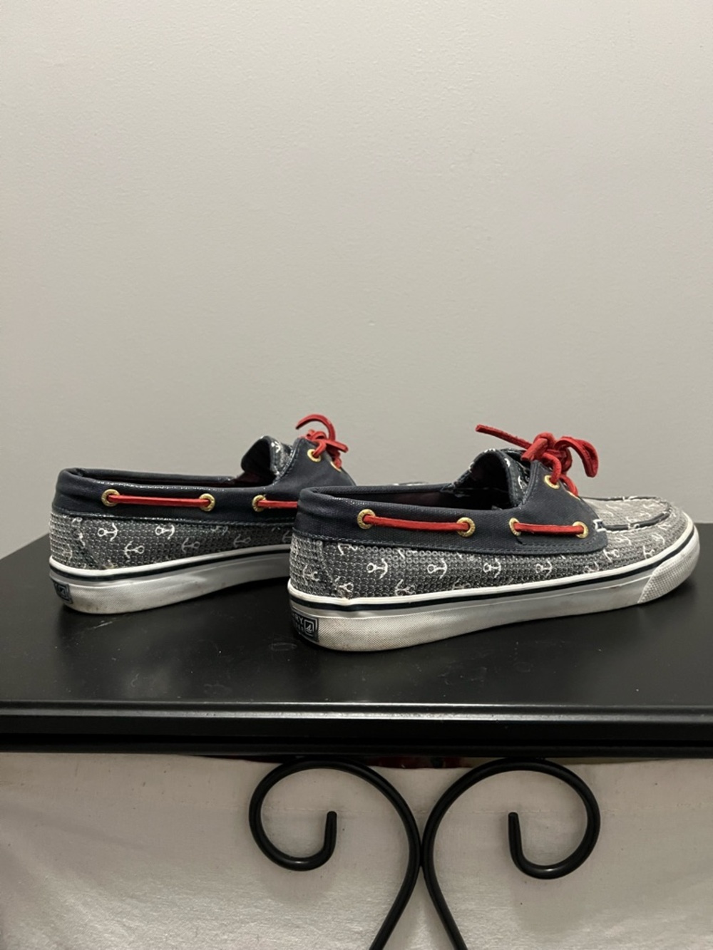 Sperry Navy Blue Sequin Boat Shoes with Red Laces - Picture 3 of 4